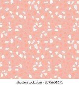 Textured floors decor. Terrazzo made by combining chips of marble chips, natural  stone, quartz, glass and broken tiles. Kithen and bathtubs surfaces print. Seamless pattern in pink colour.
