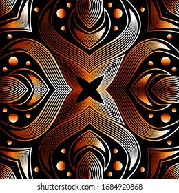 Textured floral 3d seamless pattern. Surface ornamental modern background. Copper abstract flowers, shapes. Decorative repeat backdrop. Ornate golden lines ornaments. Elegant luxury endless texture.