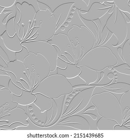 Textured floral 3d seamless pattern. Embossed white background. Vintage emboss flowers, leaves. Repeat surface vector backdrop. Tropical floral relief ornaments. Endless texture with embossing effect.