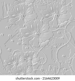 Textured floral 3d seamless pattern. Embossed grunge white background. Emboss surface 3d flowers ornament with necklace, beads. Relief dirty vector backdrop. Rough endless surface grainy texture.