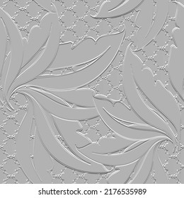 Textured floral 3d seamless pattern. White relief grunge leafy background. Repeat embossed vector grid backdrop. Surface tropical blossom exotic flowers, leaves. 3d beautiful vintage lacy ornaments.