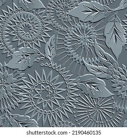 Patrón 3d de textura floral. Fondo vectorial de grunge grabado. Repetir el fondo de las flores de relieve. Superficie espiral abstracta que abarca mandalas, flores zigzag, hojas, fractales, formas radiales, líneas.