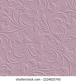 Textured floral 3d seamless pattern. Embossed pink background. Vintage emboss flowers, leaves. Repeat surface vector backdrop. Floral relief 3d ornaments. Endless ornate texture with embossing effect.