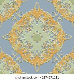 Textured Floral Baroque Damask 3d seamless pattern. Vector embossed background. Repeat emboss flowers backdrop. Surface relief vintage colorful ornament. Greek key meanders. Grunge texture with ropes.