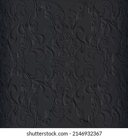 Textured floral dark black Baroque 3d seamless pattern. Vector black embossed background. Repeat emboss flowers backdrop. Surface relief vintage Baroque ornament. Leafy 3d texture. Embossing effect.