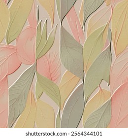 Textured floral emboss colorful watercolor leaves 3d seamless pattern. Relief modern embossed grunge background. Vector surface colorful  leaves, branches. 3d leafy ornaments with embossing effect.