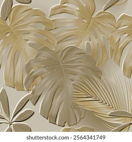 Textured floral emboss gold palm leaves 3d seamless tropical pattern. Relief modern embossed background. Vector golden backdrop. Surface leaves, branches. 3d leafy ornaments with embossing effect.