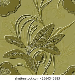 Textured floral emboss green leaves 3d seamless pattern. Relief modern embossed grunge background. Vector surface flowers, leaves, branches. 3d leafy repeat ornaments with embossing effect.