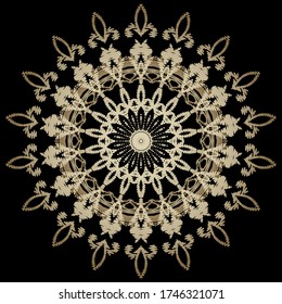 Textured floral gold mandala pattern. Ornamental tapestry vector background. Baroque embroidery round lace ornaments. Embroidered golden vintage flowers, leaves. Grunge texture. Ornate lacy design.