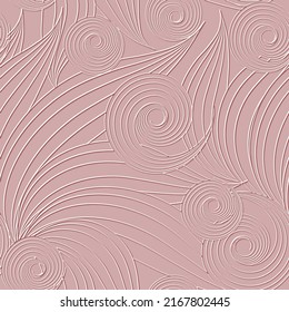 Textured floral line art 3d seamless pattern. Ornamental relief spiral circles background. Repeat embossed pink backdrop. Surface abstract lines flowers, spirals. 3d hand drawn striped ornaments.