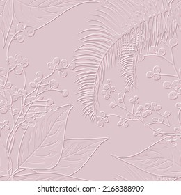 Textured floral line art 3d seamless pattern. Tropical palm leaves relief pink background. Repeat embossed backdrop. Surface leaves, branches, plants. 3d endless grunge ornament with embossing effect.