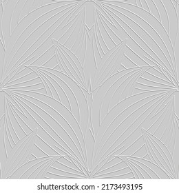 Textured floral line art 3d seamless pattern. Ornamental relief striped background. Repeat embossed floral white backdrop. Surface abstract lines flowers, leaves. 3d hand drawn leafy grunge ornaments.