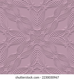 Textured floral line art 3d seamless pattern. Ornamental relief wavy lines background. Repeat embossed pink backdrop. Surface abstract lines flowers, waves. 3d hand drawn stripes waves ornaments.