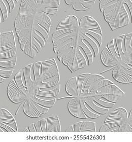 Textured floral line art emboss monstera leaves 3d pattern. Tropical relief modern embossed background. Vector white backdrop. Surface leaves, branches. 3d  leafy ornaments with embossing effect.