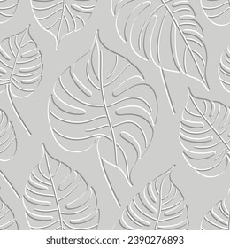 Textured floral line art monstera leaves 3d seamless pattern. Tropical relief background. Repeat embossed white backdrop. Surface leaves, branches. 3d endless leafy ornament with embossing effect.