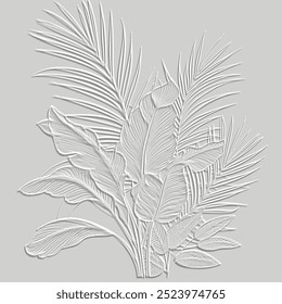 Textured floral line art palm leaves, branches 3d pattern composition. Tropical relief background. Embossed white ornate backdrop. Surface leaves, branches. 3d leafy ornament with embossing effect.