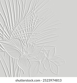 Texturierte florale Linie Kunst Palmenblätter und Blüte Blumen 3D-Muster. Tropischer Reliefhintergrund. Weiß verzierte Kulisse. Oberflächenblätter, Äste. 3D-fleckiges Ornament mit Prägeeffekt.