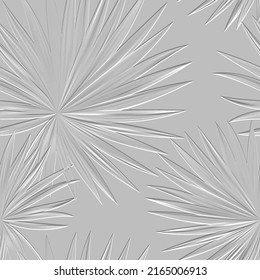 Textured floral line art tracery 3d seamless pattern. Tropical palm leaves relief white background. Repeat embossed backdrop. Surface leaves, branches. 3d endless leafy ornament with embossing effect.