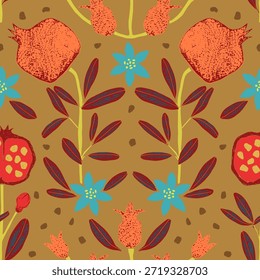 Patrón floral texturizado. Diseño en tonos amarillo, naranja y azul quemado.