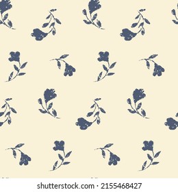 Textured floral print with simple rustic ornamental plants. Seamless pattern, gentle botanical background with small flowers, leaves on tiny stems. Vector illustration.