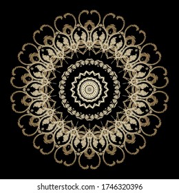 Textured floral round gold mandala pattern. Ornamental tapestry vector background. Embroidery round lace ornaments. Embroidered golden vintage flowers, leaves. Grunge texture. Ornate lacy design.