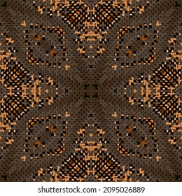 Textured floral seamless pattern. Grunge brown vector background. Moire flowers ornament. Abstract endless tapestry texture. Embroidery decorative repeat backdrop. Trendy patterned grungy design.