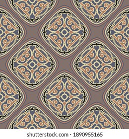 Textured floral seamless pattern. Ornamental tapestry vector background. Repeat embroidery arabesque ornament. Embroidered texture. Grunge decorative colorful design with lines, flowers, shapes.