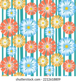 Textured floral seamless pattern, red yellow blue color, gradient petal chamomile daisy flower blossom, summer background for textile