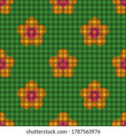 Textured floral seamless pattern. Repeat geometric botanical pattern with staggered flowers. Chess grid order. Vector illustration.