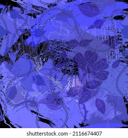 Textured floral seamless pattern. Rough violet blue colors background. Repeat dirty backdrop. Hand drawn doodle brush strokes, splashes, scribbles, chains. Beautiful flowers ornaments. Grunge texture.