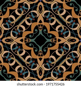 Textured floral seamless pattern. Vintage ornamental ropes background. Vector gold strings and ropes arabic ornament. Ornate design with Paisley flowers, leaves, ropes, strings. Repeat backdrop.