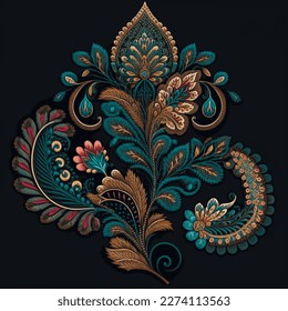 Textured floral turkish Paisley pattern element. Tapestry ethnic style background illustration. Vintage luxury embroidery Paisley flowers ornament. Ornate surface texture. Modern grunge design.