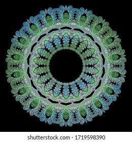 Textured floral vector mandala pattern. Colorful grunge background. Ethnic style embroidery flowers, leaves. Stitching tapestry round ornament. Embroidered endless texture. Circle design. Lace flower.