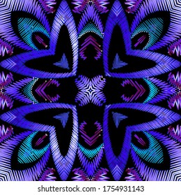 Textured floral vector seamless pattern. Colorful tapestry background. Repeat grunge tribal ethnic backdrop. Embroidered flowers. Symmetric ornament. Stitching embroidery texture with zig zag lines.