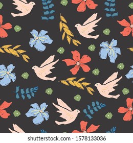 Textured folk bird and floral seamless vector pattern. Vintage inspired 
