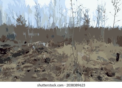 Textured forest background. Blue sky, swollen grass, silhouettes of trees - forest landscape for wallpaper, backgrounds and textures, autumn compositions. Autumn scene at dawn