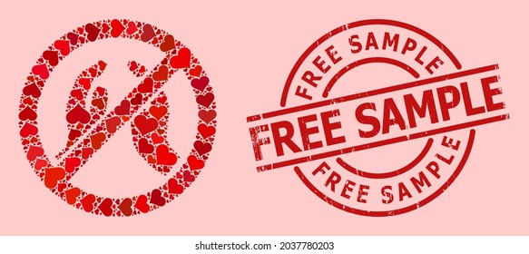 Textured Free Sample seal, and red love heart collage for forbid praying hands. Red round seal contains Free Sample text inside circle. Forbid praying hands collage is made from red romance elements.