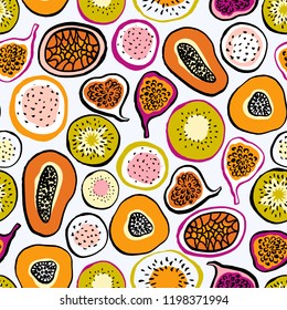 Textured fruit endless design for fabric, wrap paper or wallpaper. Papaya, kiwi, passion fruit, dragon fruit and figs isolated on a white background. Slices in a cut. Food seamless pattern.