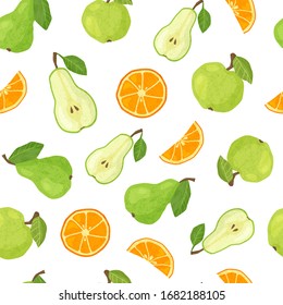 Color de fondo blanco sin fisuras de frutas texturadas - manzana, naranja y pera verde. Alimentación vegetal saludable con texturas hechas a mano. Objetos vectoriales planos recortados en papel