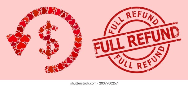 Sello texturizado de reembolso completo, y mosaico rojo del corazón del amor para reembolso. El sello rojo redondo tiene el pie de foto de Full Refund dentro del círculo. El mosaico de recompensa se organiza a partir de iconos rojos románticos.