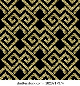 Patrón de oro geométrico texturado sin costuras. Borde de fondo abstracto estilizado. Repetir el fondo de puntos tribales vectoriales. Textura 3d de superficie. Ornamentos étnicos griegos gélidos de gélidos con pezones, puntos, formas.