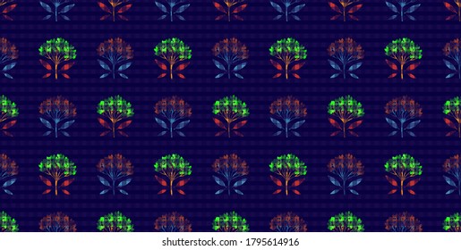 Textured geometric seamless pattern with viburnum berries and tiny leaves. Repeat symmetrical botanical pattern. Vector illustration.