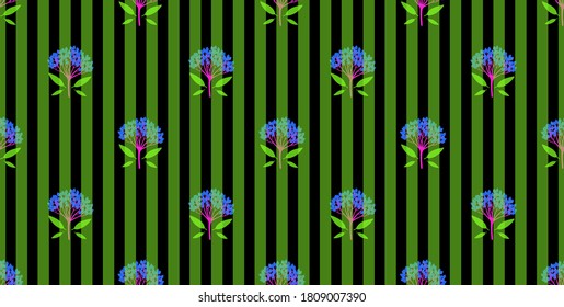 Textured geometric seamless pattern with viburnum berries and tiny leaves on striped background. Repeat symmetrical botanical pattern. Vector illustration.