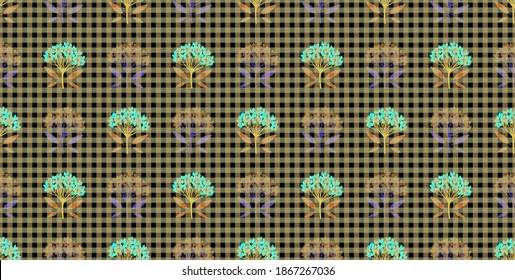 Textured geometric seamless pattern with viburnum berries and tiny leaves. Repeat symmetrical botanical pattern. Vector illustration.