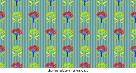 Textured geometric seamless pattern with viburnum berries and tiny leaves on striped background. Repeat symmetrical botanical pattern. Vector illustration.