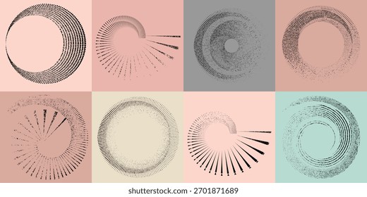 Espirais geométricas texturizadas com efeito angustiado - espirais de meio-tom modernas e torções para design criativo. Elementos de movimento circular abstratos para identidade visual ou design de layout. Arte óptica cinética.