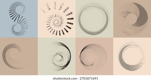 Textured geometric spirals with distressed effect - modern halftone spirals and twists for creative design. Abstract circular motion elements for visual identity or layout design. Kinetic optical art.