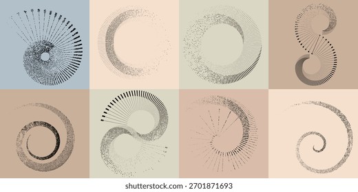 Espirais geométricas texturizadas com efeito angustiado - espirais de meio-tom modernas e torções para design criativo. Elementos de movimento circular abstratos para identidade visual ou design de layout. Arte óptica cinética.