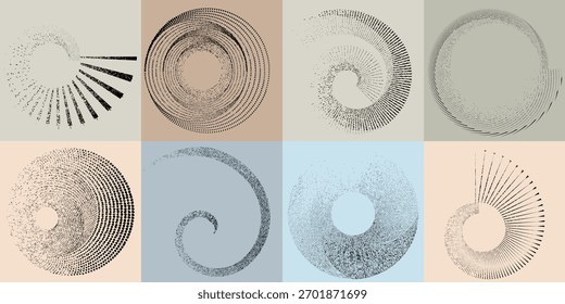 Textured geometric spirals with distressed effect - modern halftone spirals and twists for creative design. Abstract circular motion elements for visual identity or layout design. Kinetic optical art.