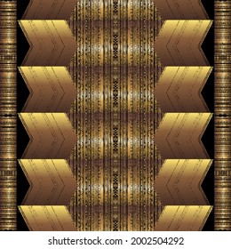 Textured gold 3d border seamless pattern. Grunge ornamental vector background. Repeat grungy backdrop. Abstract geometric zigzag ornaments. Surface modern design with zig zag lines, shapes, stripes.